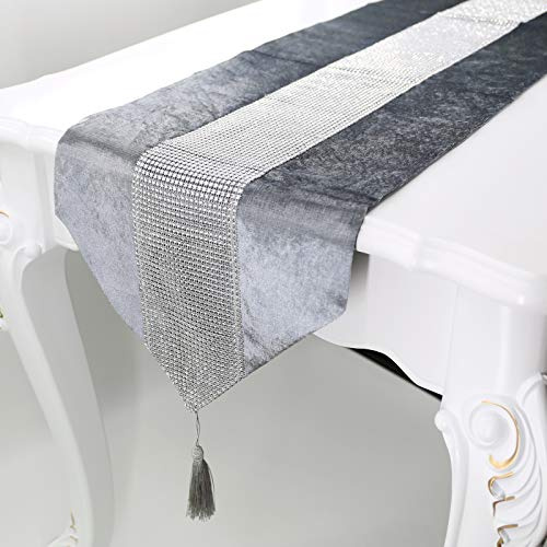 Deggodech Grau Tischläufer mit Quaste 32 x 210 cm Lang Modern Glitter Tischläufer Silber Diamant Table Runner für Küchentisch, Kaffeetisch, Kommode，Weinschrank Dekoration (210cm, Grau)
