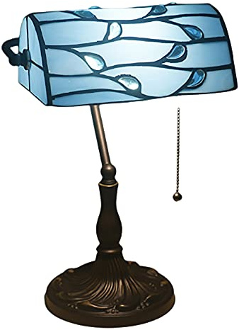 errzom Vintage Banker Table Lamp Tiffany Style Green Blue Stained Glass Desk Lamp Bedside Study Room Office Table Decoration Lamp with Pull Chain Switch,Blue