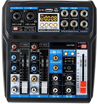 HMTE DC 5V Bluetooth Computer Record Sound Card USB Record 6 Channel 2 Mono 2 Stereo 16 Digital Effects Audio Mixer