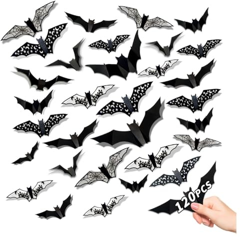 Leesgel 120 Fledermäuse 3D Halloween Deko, Wand Fenster Tür Party Zubehör | 120 schwarze 3D Fledermäuse, Wandaufkleber, Fensterbilder, Halloween Deko, Tür Kamin, innen außen, Party Zubehör