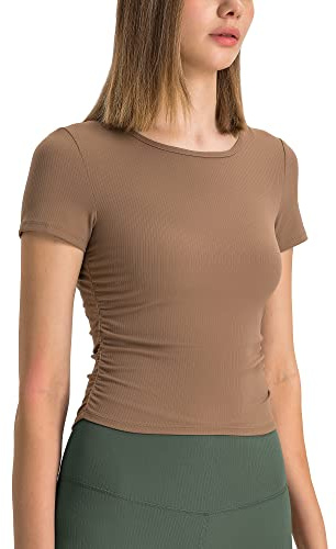 icyzone Ribbade tränings-magtröjor för kvinnor, atletisk gym yoga kortärmad t-shirt, Brun, XL