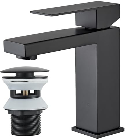 Rozin Basin Taps with Pop up Waste Bathroom Square Sink Mixer Tap with Sink Plug Single Lever Black Basin Mixer Tap with G1/2’’ Hoses Single Lever Modern Easy Installation