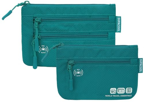 SUPACOOL Reisepasshülle, Reisebrieftasche für Männer Frauen Familie, Kartenhalter Organizer, RFID-Blockierung, zweiteiliges Set, Grün , Einheitsgröße, Kompakt