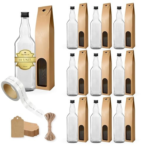 10x Bouteilles en Verre 500ml avec Bouchon en Liège + 10 Boîtes + 10 Étiquettes Autocollantes + 10 Étiquettes Kraft + Ficelle - Pour Rhum, Whiskey, Gin, Tequila, Liqueurs - Souvenirs, Cocktails
