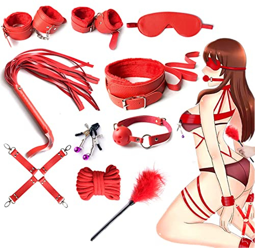 Limmion SM Bondageset Sex Fesseln 10 Stück BDSM Bondage Set Erotik Leder Fesselset Paare Sexspielzeug mit Handschellen, Augenmaske, Peitsche, Nippelklemmen, Mundstopfen, Sex toy für Anfänger