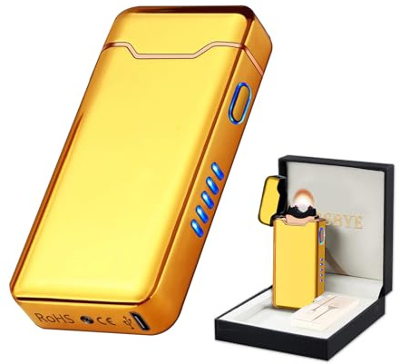 RSBYE Briquet électrique Coupe-Vent Cool Briquets Flame - Briquet électrique - avec écran LED - Rechargeable（Doré Glacé）
