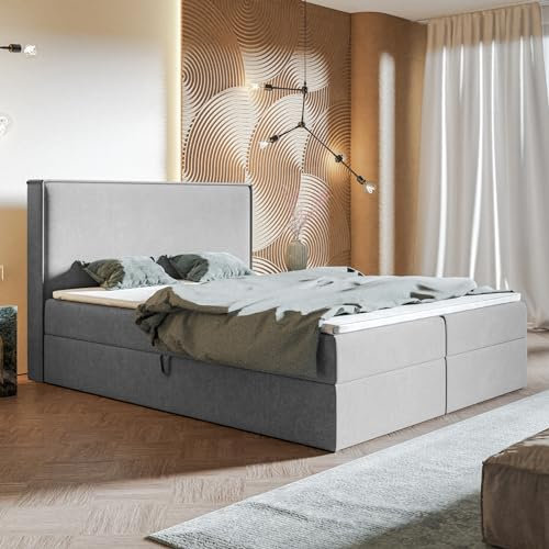 MOTIVENA Bari Boxspringbett 180x200 mit Bettkasten und Topper, Polsterbett 180x200 mit Bettkasten, Bonellfederkern-Matratze (H4), T28 Komfortschaumstoff Topper (H3), Samt, Grau Hellgrau