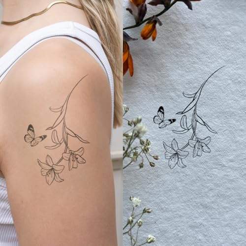 Schmetterling und Blume - Inkster Tattoo | vegane & wasserfeste Temporäre Tattoos für Erwachsene - EU-Kosmetikzertifizierte Farbe - revolutionäres 2 Wochen Tattoo | Premium Klebetattoos