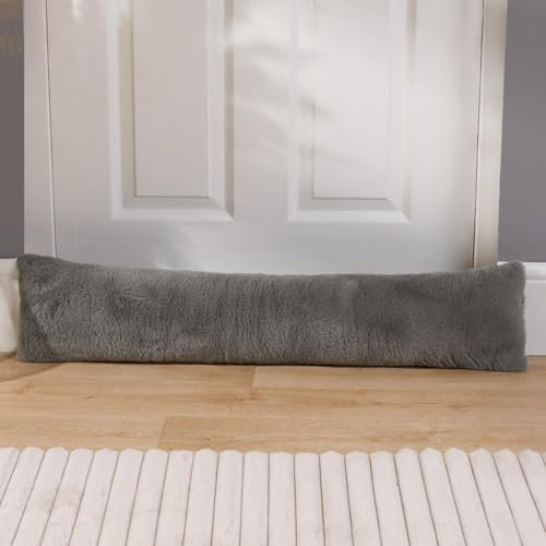 OHS Draught Stoppers Faux Fur, Soft Fluffy Door Draft Excluder Cushion Decorative Door Stopper Cold Air Wind Blocker Living Rooms Bedroom Kitchens, Grey 90 x 20cm