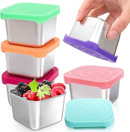 Sonhomay 6 Pack Stainless Steel Snack Containers for Leak Proof Small Food Containers with Silicone Lids Easy Open Leak Proof Snack Box Small Lunch Box for Daycare School Travel Outdoor 3x3x2