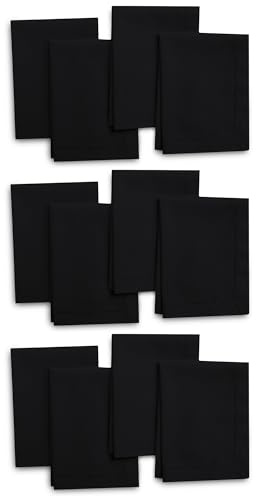 Encasa XO tygservetter set med 12 | Ren bomull fållsydd design | Svart | Fyrkantig 43 cm x 43 cm | Matbordsservetter - maskintvättbar och återanvändbar