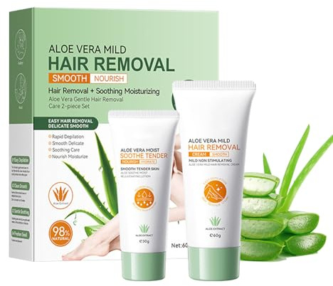 2PCS Aloe Vera Hair Removal Set - Hair Removal Cream&Aloe Soothing Cream - Flawless Hair Remover for Women & Men - Fast,Painless for Underarms,Legs,Arms & Bikini - Sensitive Skin Depilatory Cream