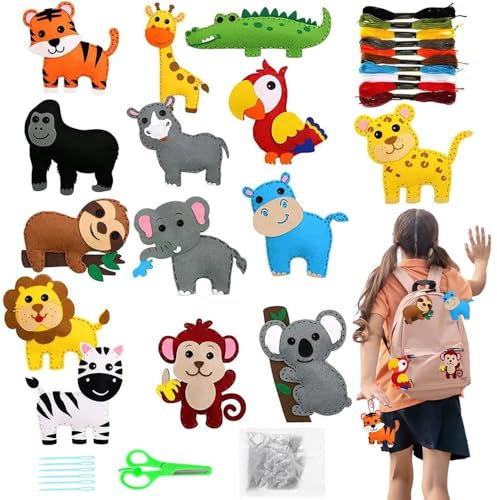 BIZOI DIY Nähset Kinder Tierformen, Nähen Kinder Bastelset Filz, 14 Stück Animals Sewing Kit, Tiere nähen bastelset, Filz Waldtiere bastelset, Tierformen filz nähen kinder ab 6 Jahre