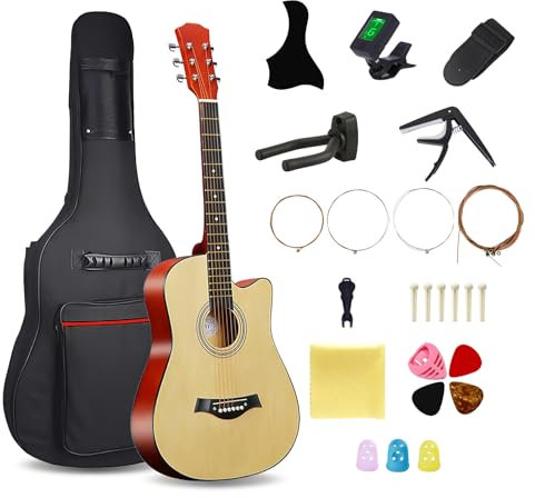 Akustikgitarre aus Holz, 96,5 cm, 6 Stahlsaiten, mit Gitarrentasche und Anfänger-Sets für Anfänger