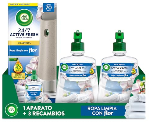 Air Wick Active Fresh Spray Automatico Sin Aerosol - Ambientador para casa con aroma a Ropa Limpia con Flor - Pack de 1 Aparato + 3 Recambios (228mlx3)