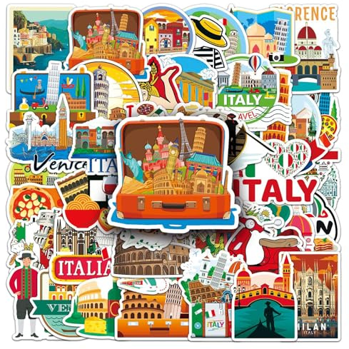 50Stück Italien Aufkleber für Laptop Wasserflaschen Scrapbook Auto Gepäck Gitarre Fotoalbum Skateboard Koffer Computer Telefon,Italienische Outdoor-Reise Stickers für Erwachsene Mädchen Jugendliche