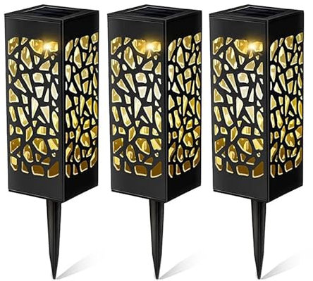 GEEZY Pathway Solar Stake Lights Set of 3 – Warm White LED, Black, Auto On/Off, Weather & Water Resistant, Long Lasting Battery – Solar Garden Ornaments for Outdoor Path, Lawn, Driveway, Patio