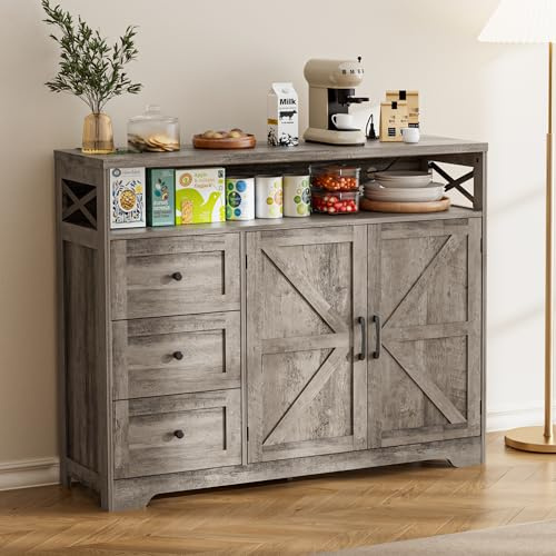BonVache Sideboard, Küchenschrank mit Schubladen, Aufbewahrungsschrank, Anrichte mit Offenem Regal, Kaffeebar Schrank für Küche, Esszimmer, Wohnzimmer, 120 x 35 x 95cm, Grau in Holzoptik