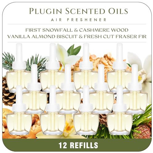 Scent-Hi Duftölflakon Set, 12x19ML Elektrischer Lufterfrischer - Vanille-Mandel-Keks, Frisch Geschnittener Fraser-Tanne, Erster Schneefall, Nachfüller für Duftstecker, Kompatibel mit Air Wick/Glade