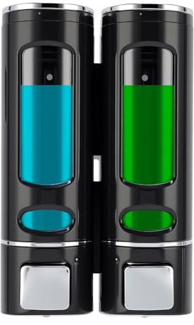 Seifenspender Ohne Bohren Wandmontage, 2 Kammern Duschgelspender, Schwarz | ABS, 2x 400 ml, für Shampoo Spülmittel, Transparente Sichtfenster, Druckspender