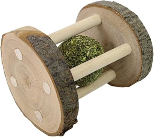 Opemg Giocattolo da masticare per criceti e conigli, giocattolo in legno naturale, giocattolo per la cura dei denti in legno con campana per pappagallo, coniglio, cincillà, palla molare criceto
