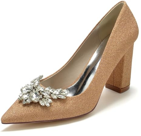 Gycdwjh Femmes Chaussures De Mariage À Bout Pointu Mariée Strass Satin Grincer Slip-on Chunky Heels Sandales 8.5cm Haut Talons Pompes,Champagne,39 EU