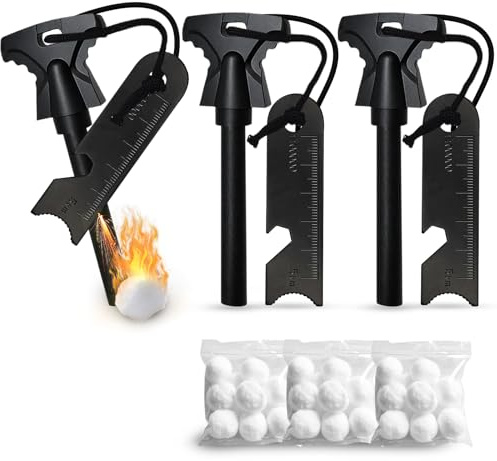 3PCS Magnesium Fire Starter with Striker, High Temp Magnesium Rod, Ferro Rod Fire Starter Survival Tool with 30Pack Waterproof Tinder and Steel Fire Striker for Camping, Hiking and Emergency