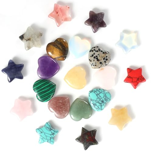 cobee 20 Stück Heilsteine Kristalle Set, Stern Herzen Edelsteine | Bunte Heilsteine Kristalle Set Kleine Pocket Edelsteine Glücksbringer Glückssteine für Motivationsgeschenke Energieaufladung