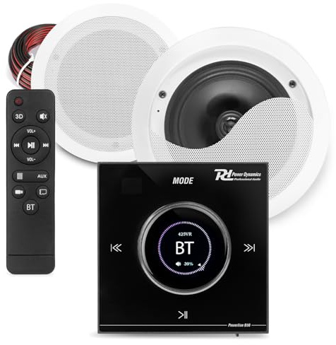 Powerline Bluetooth Bathroom Ceiling Speaker System 6.5 – Complete In-Wall Audio Package with Moisture-Resistant Ceiling Speakers, LCD Touch Wall Amplifier, Speaker Cable – Bathroom & Kitchen Audio