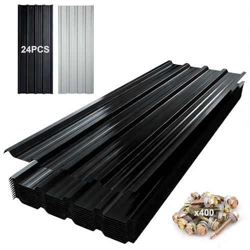TEOV 24 Stück Trapezblech Dachplatten 115x45CM mit 400 Schraube, Verzinkt Metall Dachplatten Wellblechplatten, Schwarz 0,25mm Dachblech Rostresistent Wetterfest für Dächer Carports Geräteschuppen