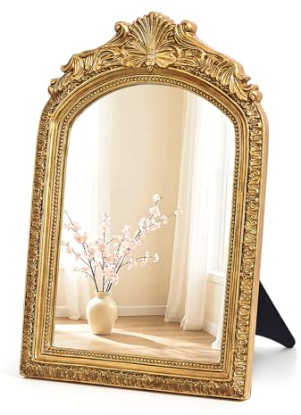 rumdraw Small Vintage Gold Mirror for Desk (10 x 7), Antique Tabletop Vanity Mirror with Stand, Ornate Decorative Baroque Mirror for Bedroom Dresser, Aesthetic French Style Decor