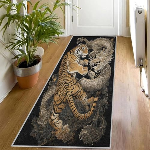 Generisch Drache Tiger Läufer Teppich 60x120 cm, Chinesische Teppich Läufer Flur, Schwarz Gold Teppichläufer Waschbar rutschfest für Schlafzimmer Küche Wohnzimmer Bettvorleger Weich & KurzflorU3d35