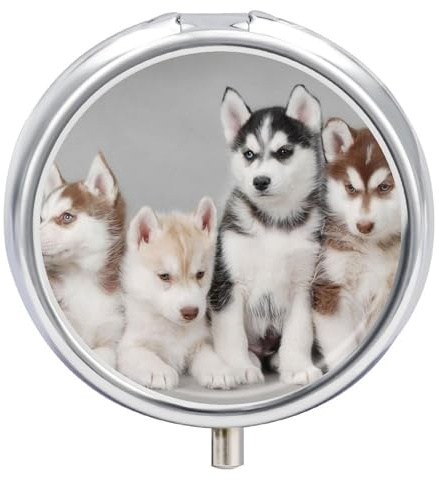Lovely Husky Pilulier rond portable à 3 compartiments, exquis pilulier en métal avec fermeture à pression, boîte de rangement pour tablette pour sac à main, poche, voyage et utilisation quotidienne