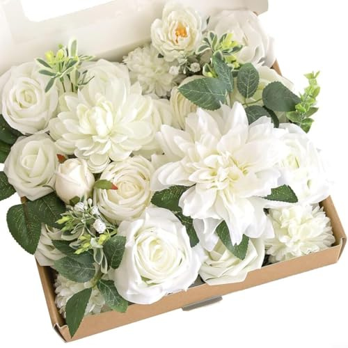 BEAZOOM Elegante Altrosa und weiße künstliche Blumen für Hochzeiten, Brautsträuße, Tafelaufsätze, Kuchendekoration, Heimdekoration, Seide, realistisch (weiß)