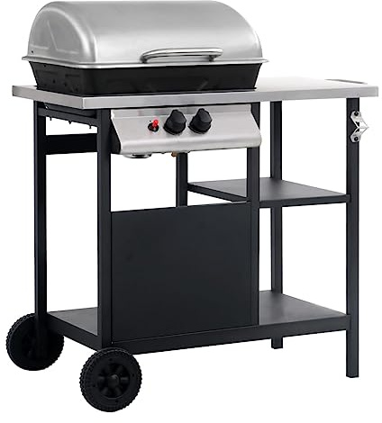 LoogCape Barbecue à gaz avec table d'appoint à 3 niveaux noir et argent pour extérieur, balcon et terrasse, avec grande surface de cuisson, allumage piézo, acier inoxydable, mobile, idéal pour la