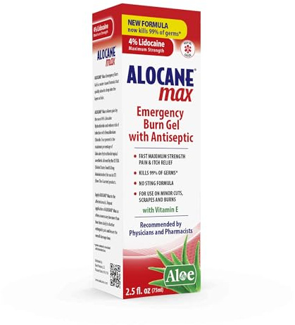 Alocane Max Emergency Burn Gel, 4% Lidocaine Hydrochloride, Antiseptic Kills 99% of Germs, Maximum Strength Pain and Itch Relief, for Sunburns, First Aid Burn Gel with Aloe Vera– 2.5 fl oz