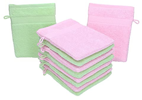 Betz Waschhandschuhe Palermo 10 Stück 16x21 cm – 100% Baumwolle 360g/m² – Weiche Frottee Waschlappen – Pflegeleicht & saugstark – Farbe Rosé/Grün