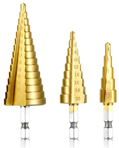 3tlg HSS Stufenbohrer Satz, Qibaok Titanbeschichtet Hex Shank Schneiden Konusbohrer Kegelbohrer für Edelstahl Metall Holz Kunststoff, 4-12/4-20/4-32 mm
