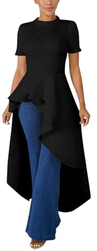 Lrady Women Ruffle High Low Asymmetrical Short Sleeve Peplum Tops Blouse Shirt Dress Black XXL