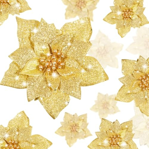 24 Stück Funkeln Weihnachtsstern Künstliche Weihnachten Blumen Weihnachtsstern Dekorationen Hochzeit Weihnachtsbaum Ornamente, 3/4/ 6 Zoll (Gold)