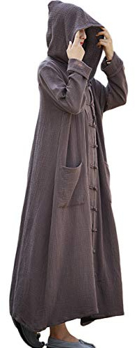 LUZU JUNU Women's Trench Coat Cotton Linen Hoodie Jacket Long Sleeve Chinese Frog Button Outwear with Pocket