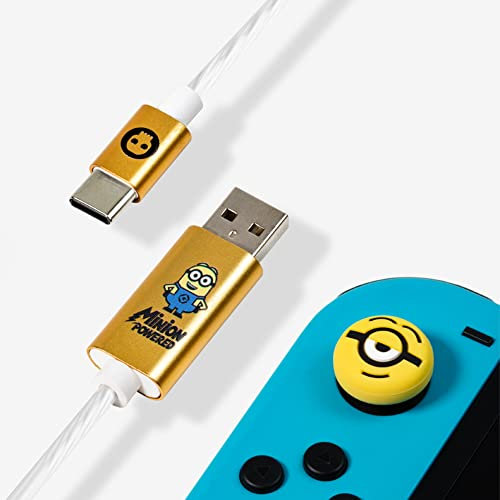 Numskull Official Despicable Me 4 Minions LED USB Type-C Cable and Thumb Stick Grips - 1.5m Fast Charging Lead - Compatible with Xbox Series X|S, PlayStation 5, Nintendo Switch