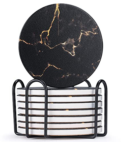 Juego de 8 Posavasos de cerámica con Parte Trasera de Corcho, Posavasos para Vidrio, Tazas, protección de Mesa, decoración del hogar, Color Negro y Dorado