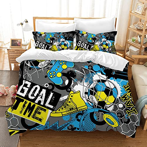 PQCXXA Set di biancheria da letto da calcio per bambini, 3 pezzi, per ragazzi e adolescenti, in microfibra, con stampa 3D, con chiusura lampo e 2 federe 50 x 75 cm (Calcio 1, 200x200cm)