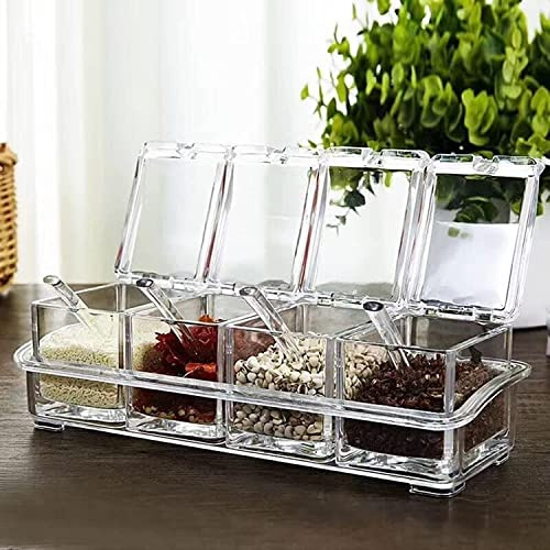 CLUQMEIK Clear Seasoning Box,4 Spice Jars Condiment Containers with Lids and 4Pcs Spoons 1Pcs Tray Seasoning Organizer for Salt, Sugar,Cardamon, Cinnamon,Cloves,Mustard,Nutmeg,Pepper and Tumeric