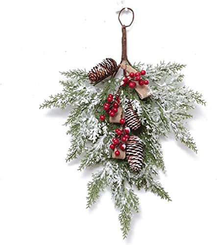 2 Stück 15,7 Zoll künstlicher Weihnachts-Beutel, Kiefernzweig, rote Beeren, Spray, Schnee, Tränenkränze, künstliche Winter-Tannenzapfen, Jute, Bogen, Grüns, Weihnachts-Beutel for Haustür, Bauernhaus-S