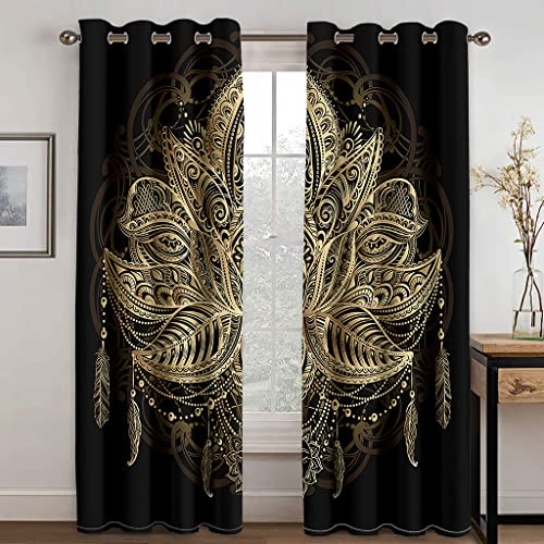 Verdunklungsvorhänge Mandala-Goldenes Schwarzes Scheibengardinen Weich Vorhänge Wohnzimmer Vorhang Schlafzimmer Verdunkelungsvorhang Vorhänge Blickdicht Gardinemit Ösen Schallschutz Curtains 2x140x240
