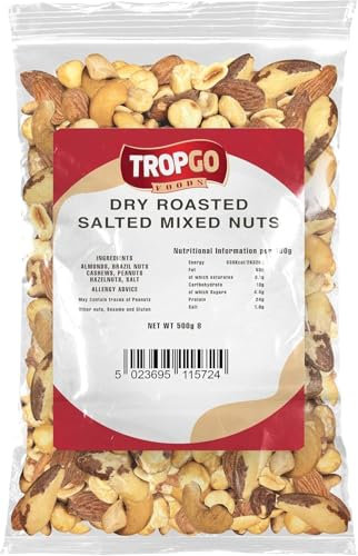 Tropgo Mixed Nuts Roasted Salted - 500g Nut Snacks - Packed Fresh, Healthy Jumbo Nuts with Fibre, Protein, Minerals - Perfect for Snacking - Includes Almonds, Brazil Nuts, Cashews, Peanuts, Hazelnuts