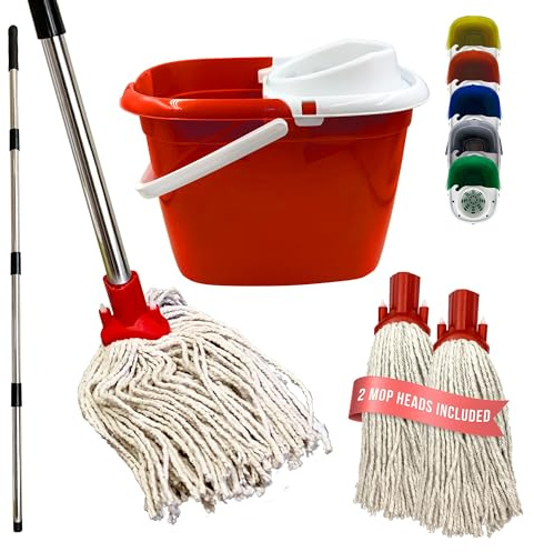 Floor Mop and Bucket Set - 2PC Mops for Cleaning Floors with Bucket, Pure Yarn Mop Heads and Heavy-Duty Mop Bucket, Industrial Mop and Bucket for Domestic and Commercial Use (Red)