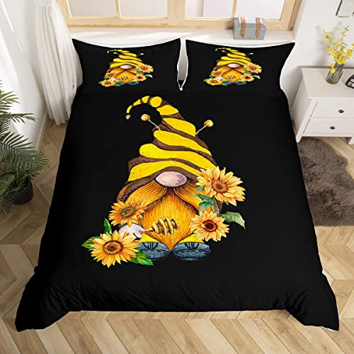 Rustic Sunflower Duvet Cover King Size Honeybee Bedding Set For Kids Teens Youth Spring Gnome Comforter Cover Garden Flowers Bed Cover With 2 Pillowcase Home Room Decor Black Yellow